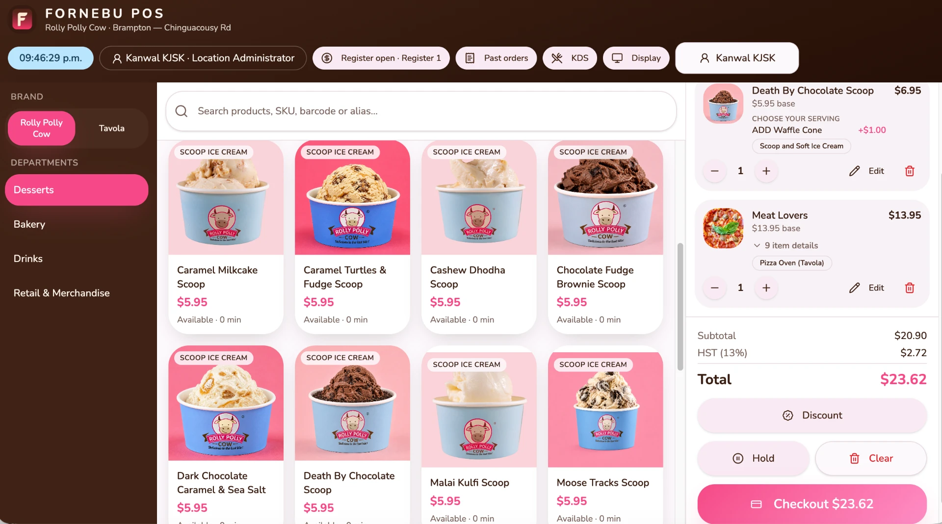 FORNEBU multi-brand restaurant order showing Rolly Polly Cow ice cream and Pizza Tavola pizza in one connected operating system.
