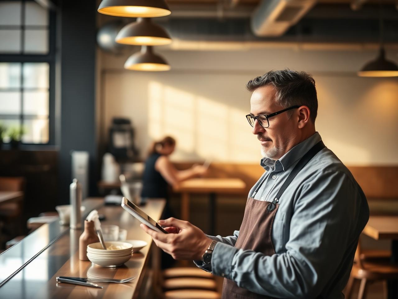 A restaurant owner reviewing the day's operations on a tablet inside the restaurant