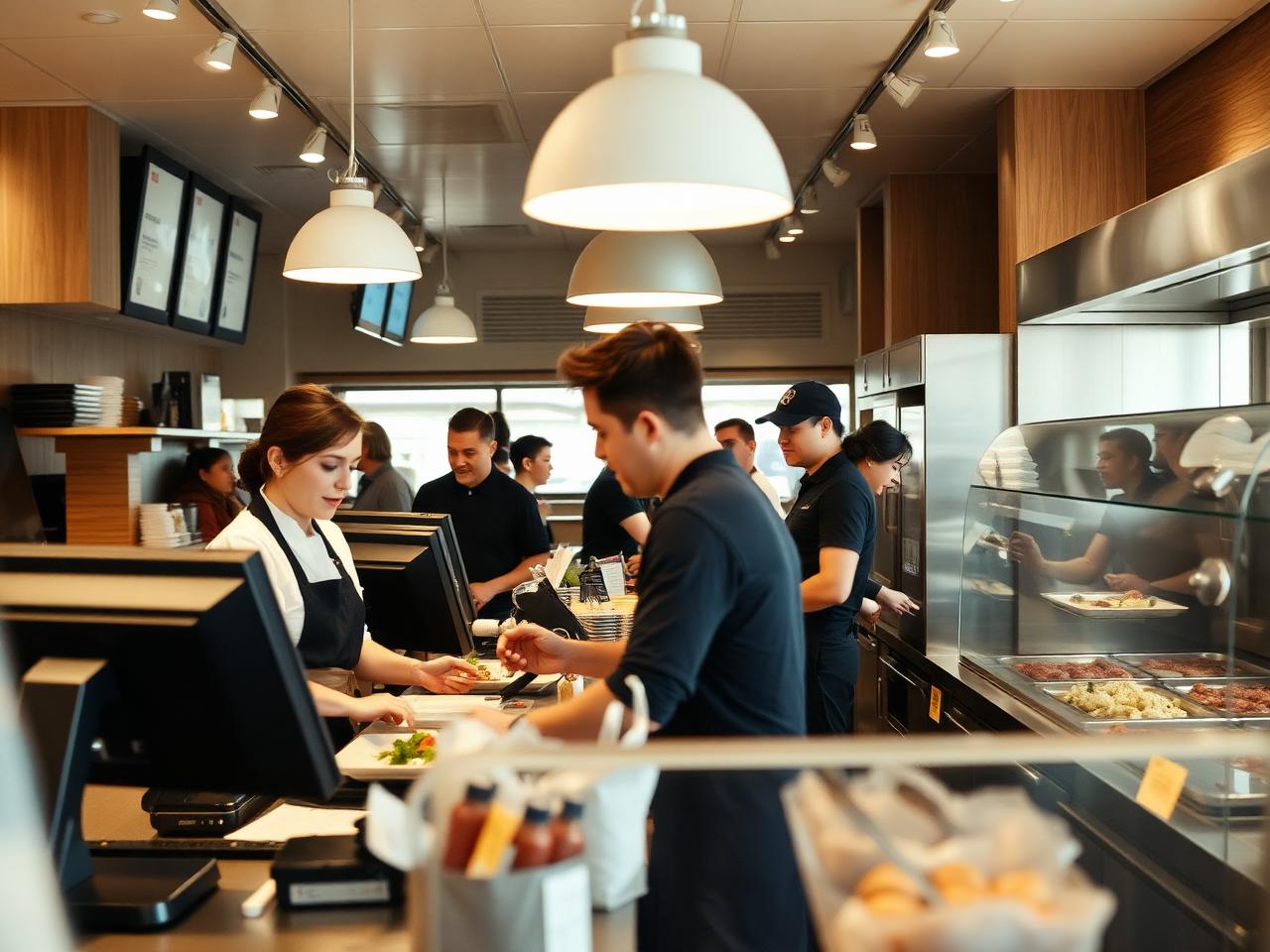 A restaurant team working through a busy service period behind the counter