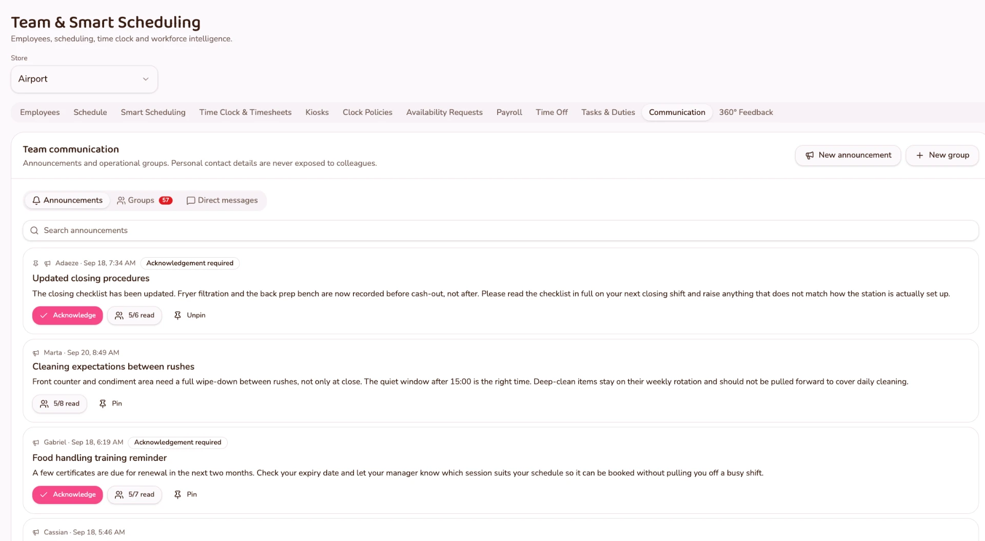 FORNEBU Team Communication showing restaurant announcements, acknowledgements and operational team messaging