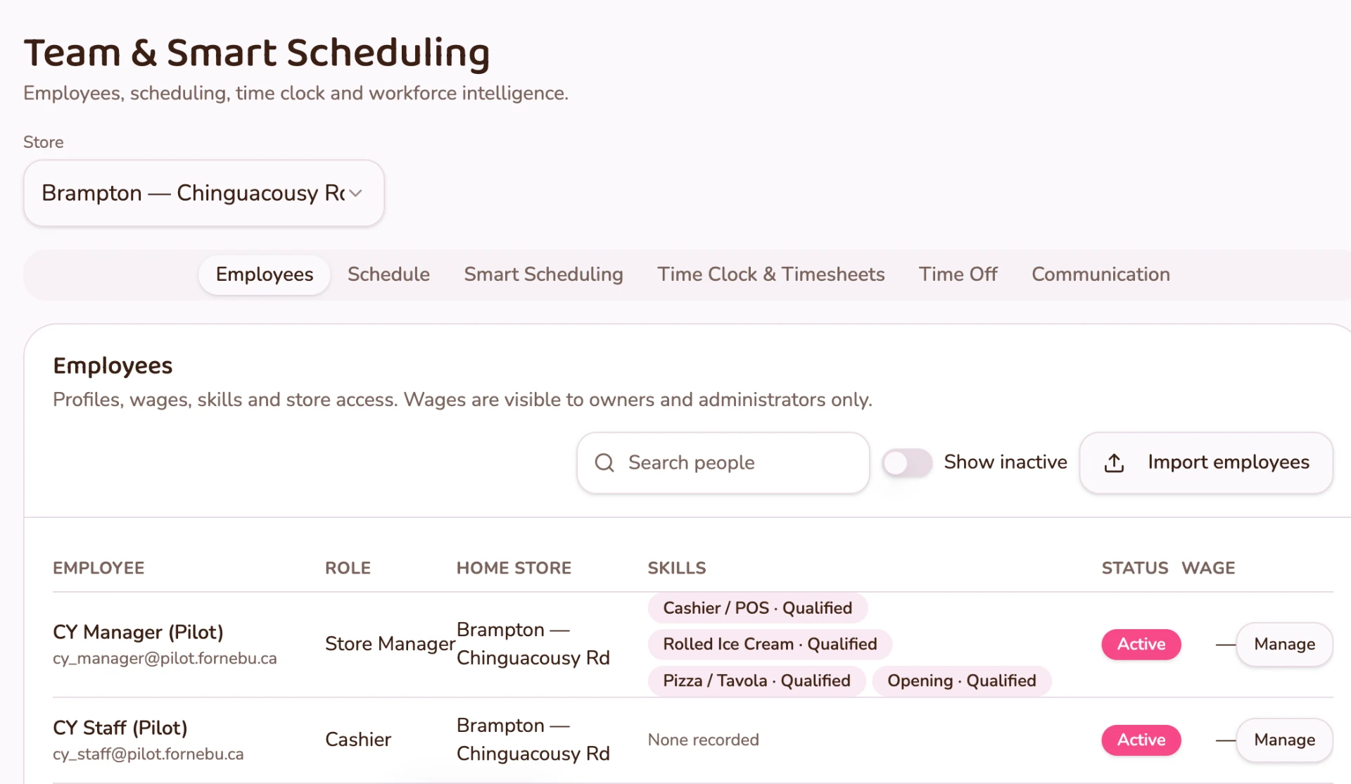 FORNEBU Team and Smart Scheduling employee management interface showing employees, skills, store access and workforce tools.