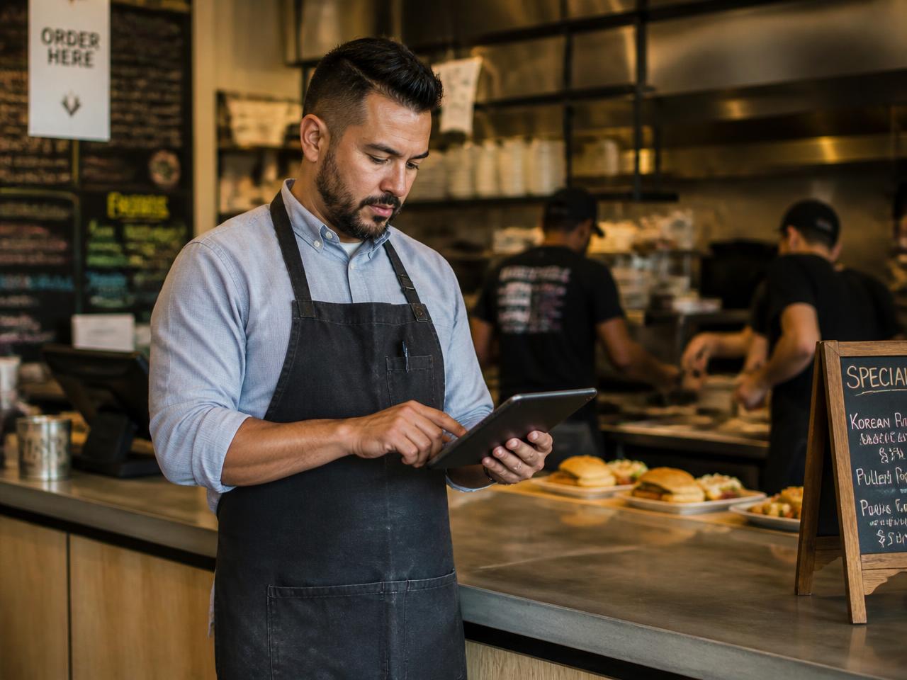 Restaurant manager reviewing a tablet at the front counter while kitchen staff prepare orders behind them