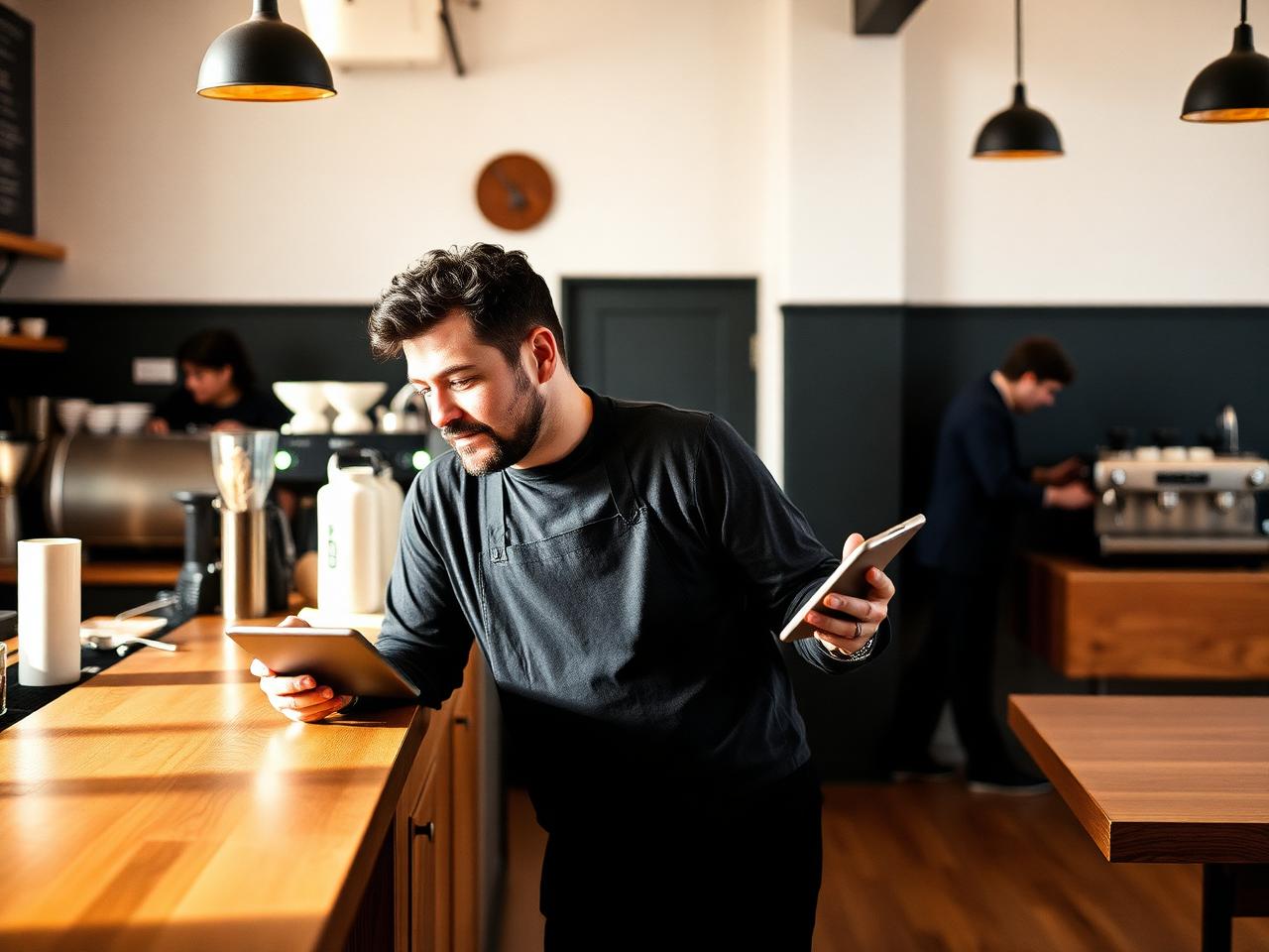 Restaurant operator reviewing the day's operations on a tablet at the counter while staff work in the background