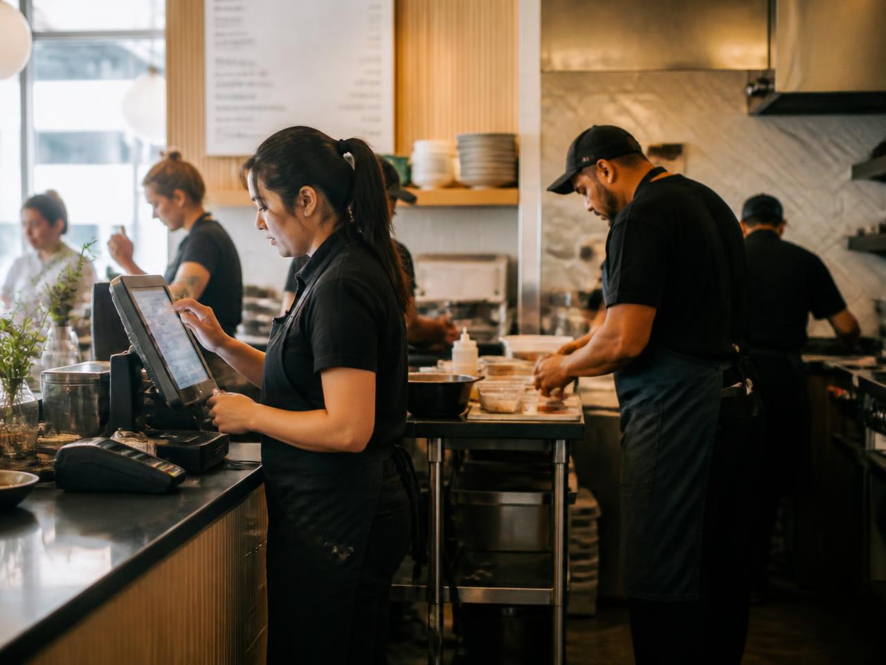Restaurant team actively working during service — one employee taking an order at the counter while others prepare food in the kitchen