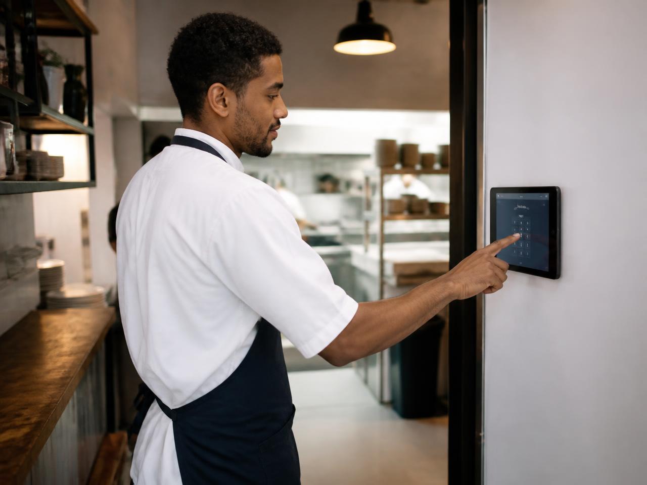 Restaurant employee clocking in with a PIN on a wall-mounted tablet time clock at the entrance to the kitchen